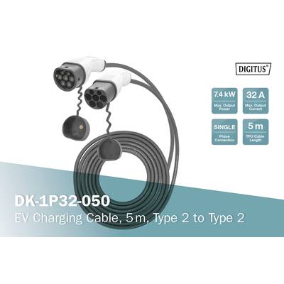 EV-Ladekabel, 5 m, Typ 2 zu Typ 2. Maximale Ausgangsleistung 7,4 kW, Strom 32 A, Einzelphasenanschluss. Marke 'DIGITUS'.