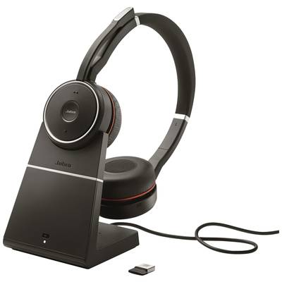 Kabelloses Headset mit schwarzem Ständer und USB-Anschluss. Ideal für Telefonkonferenzen und Musik.