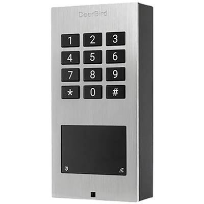 Ein metallisches Zugangskontrollsystem mit Tastenfeld von 0-9, Stern- und Raute-Taste, sowie einem RFID-Lesebereich unten.