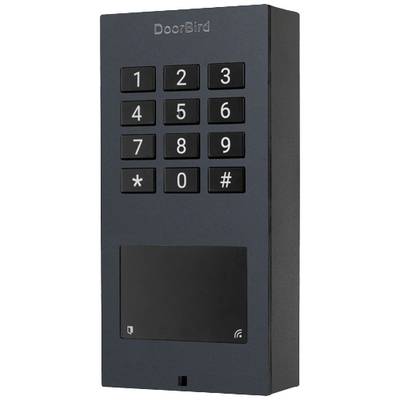 Schwarzes elektronische Türschloss mit Zahlentastatur, Markenname 'DoorBird' oben, Tasten von 0-9 und Symbole '*' und '#'.
