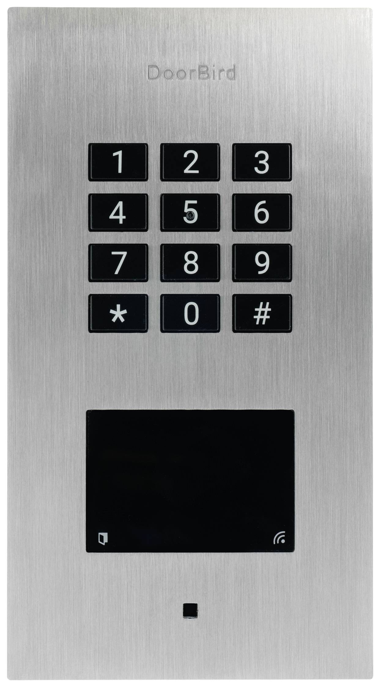 Metall-Türzugangspad mit Zahlentastenfeld (0-9), Stern-, und Raute-Tasten. Schwarz Display unten für Zugangskontrollinformationen.