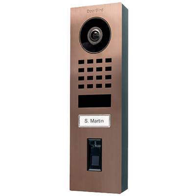 Eine bronzefarbene Gegensprechanlage mit Kamera, Gitterlautsprecher und Namensschild 'S. Martin'.