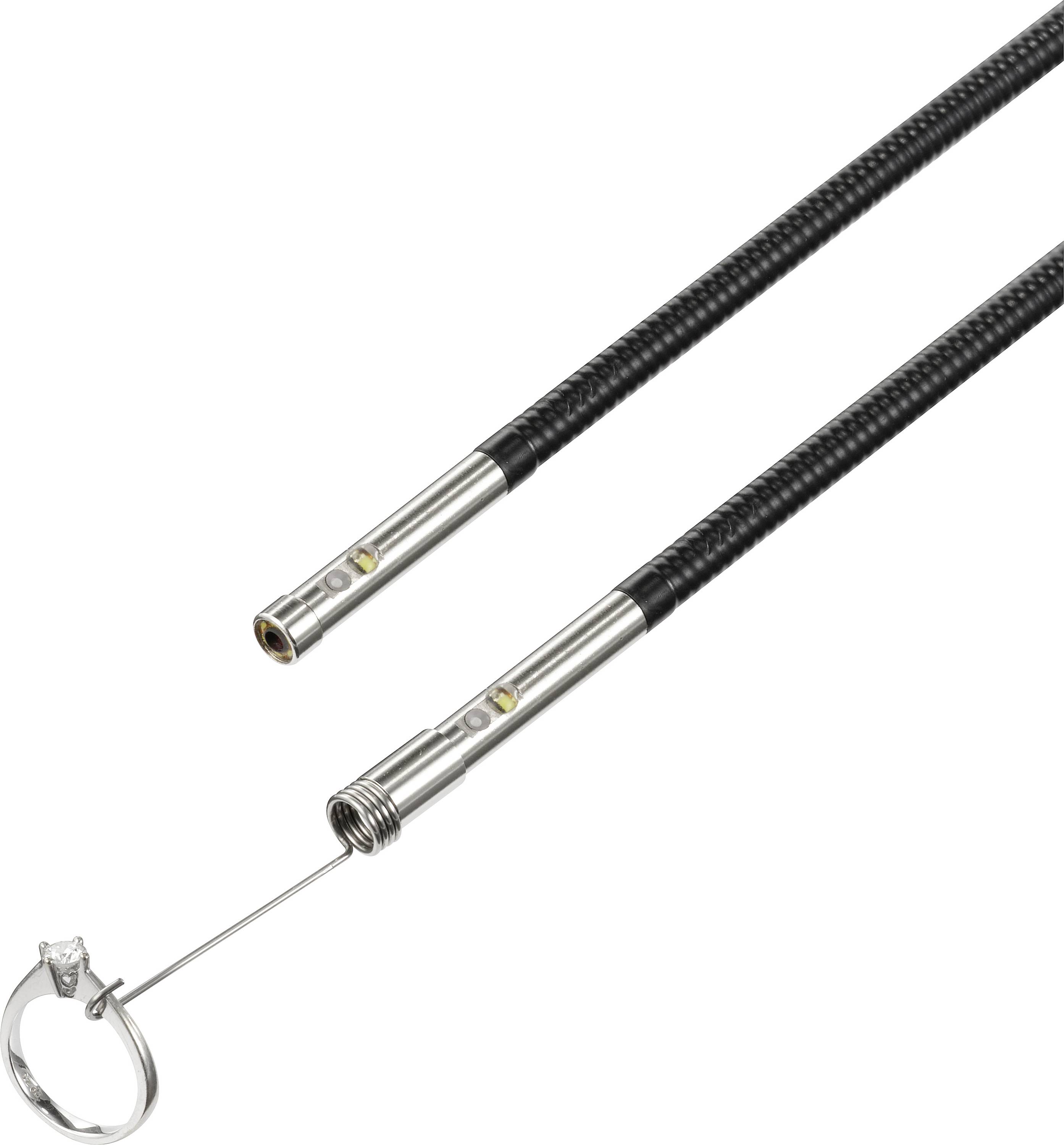 Zwei flexible Teleskopstangen: Eine mit offenem Ende, die andere mit einem Magneten und Ring. Sie sind schwarz und silbern.