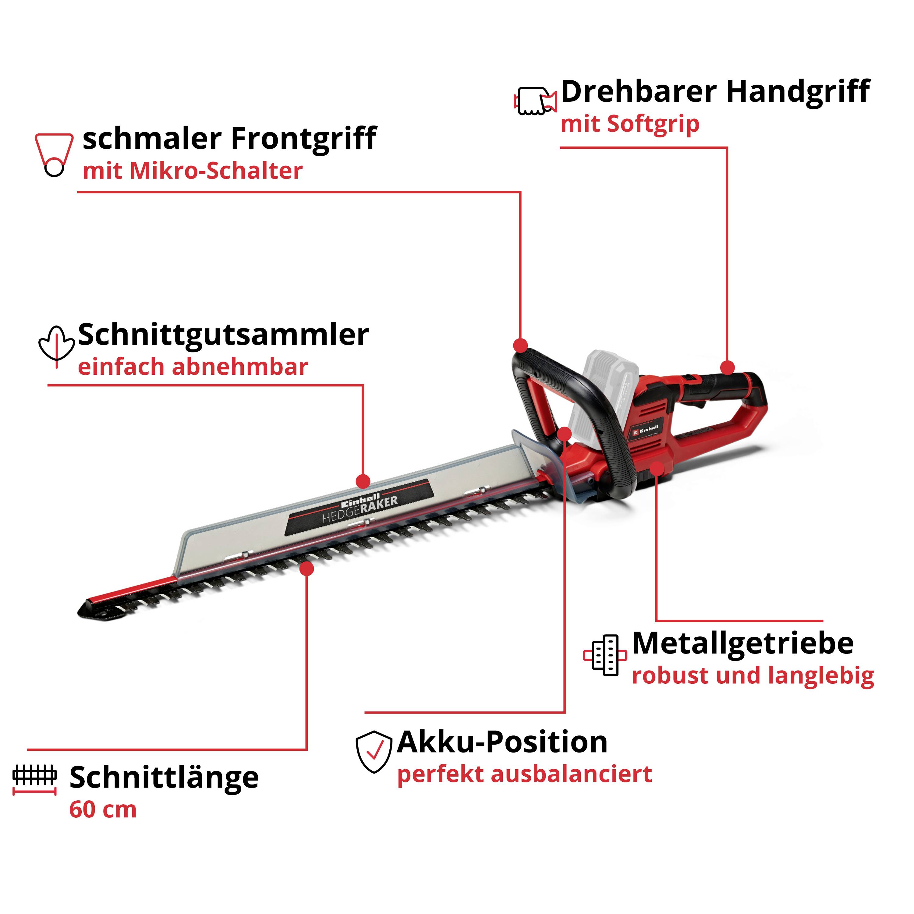 'Heckenschere mit Drehbarer Handgriff, smaler Frontgriff mit Mikro-Schalter, Metallgetriebe, Akku-Position vorne, Schnittlänge 60 cm.'
