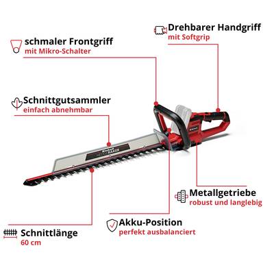 'Heckenschere mit Drehbarer Handgriff, smaler Frontgriff mit Mikro-Schalter, Metallgetriebe, Akku-Position vorne, Schnittlänge 60 cm.'