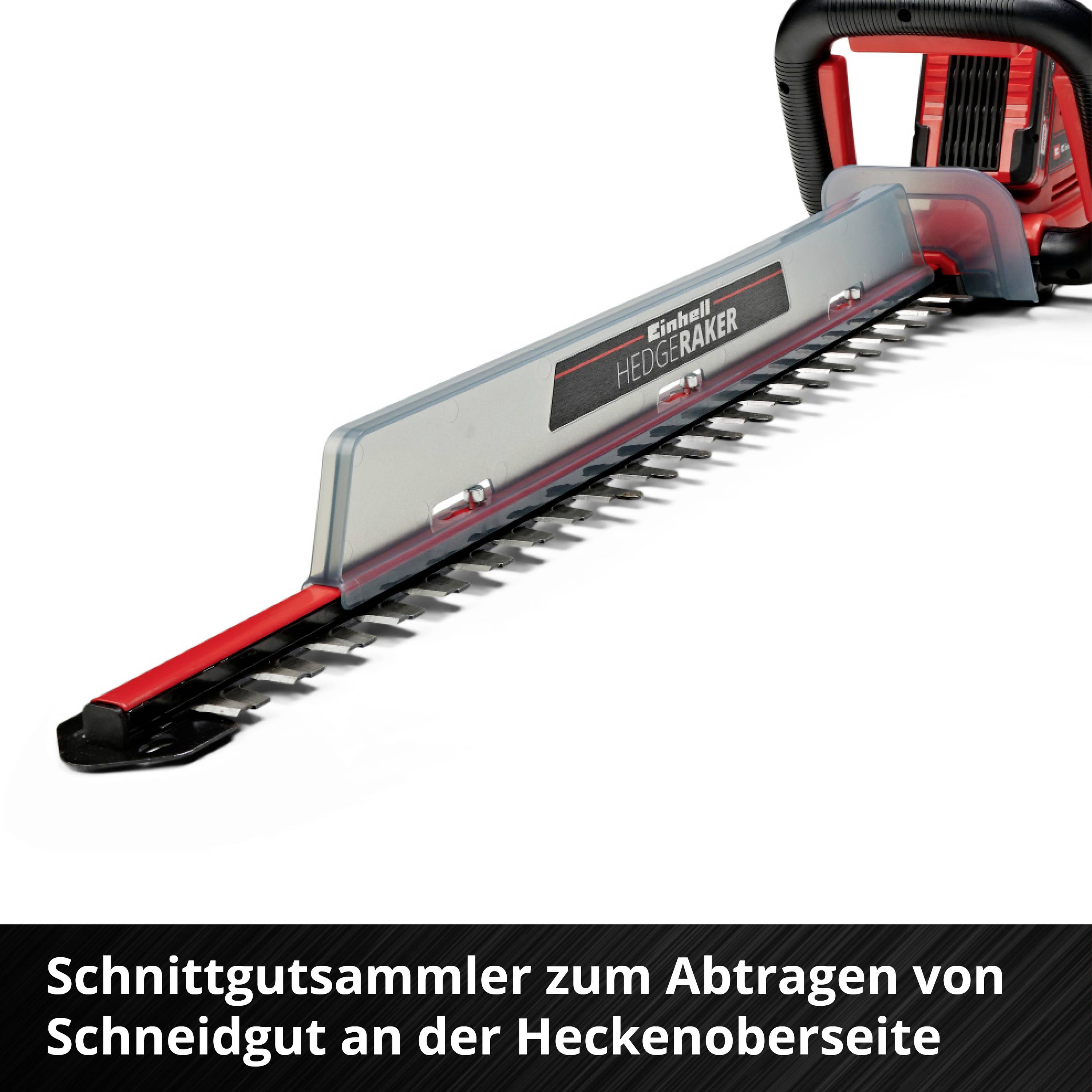Eine rote Heckenschere mit transparentem Schnittgutauffangbehälter, beworben zum Schneiden und Sammeln von Heckenabfällen.