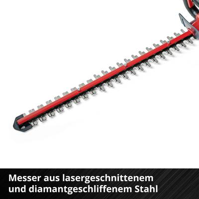 Heckenscherenklinge mit rotem Schutz und Metallzähnen, begleitet von Text: 'Messer aus lasergeschliffenem und diamantgeschliffenem Stahl'.