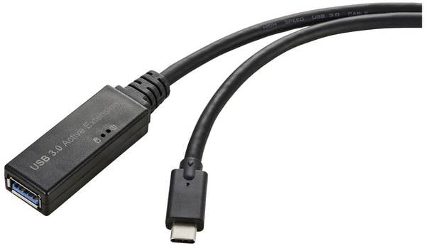 Renkforce USB-Kabel USB 3.2 Gen1 USB-C® Stecker, USB-A Buchse 5.00 m Schwarz Aktiv mit Signalverstärkung, mit OTG-Funktion RF-5231962