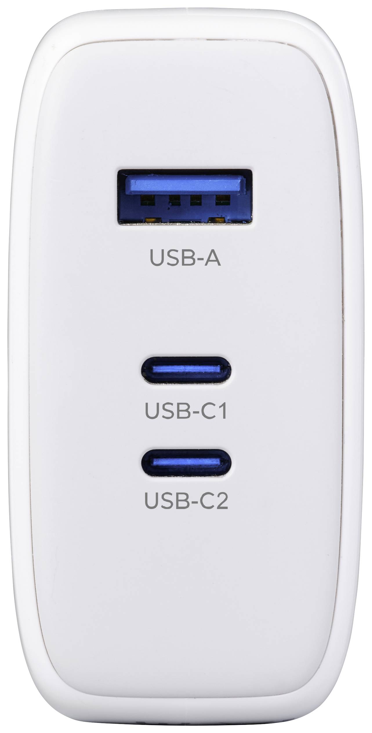 Ein weißes Ladegerät mit einem USB-A- und zwei USB-C-Anschlüssen, bezeichnet mit 'USB-A', 'USB-C1' und 'USB-C2'.