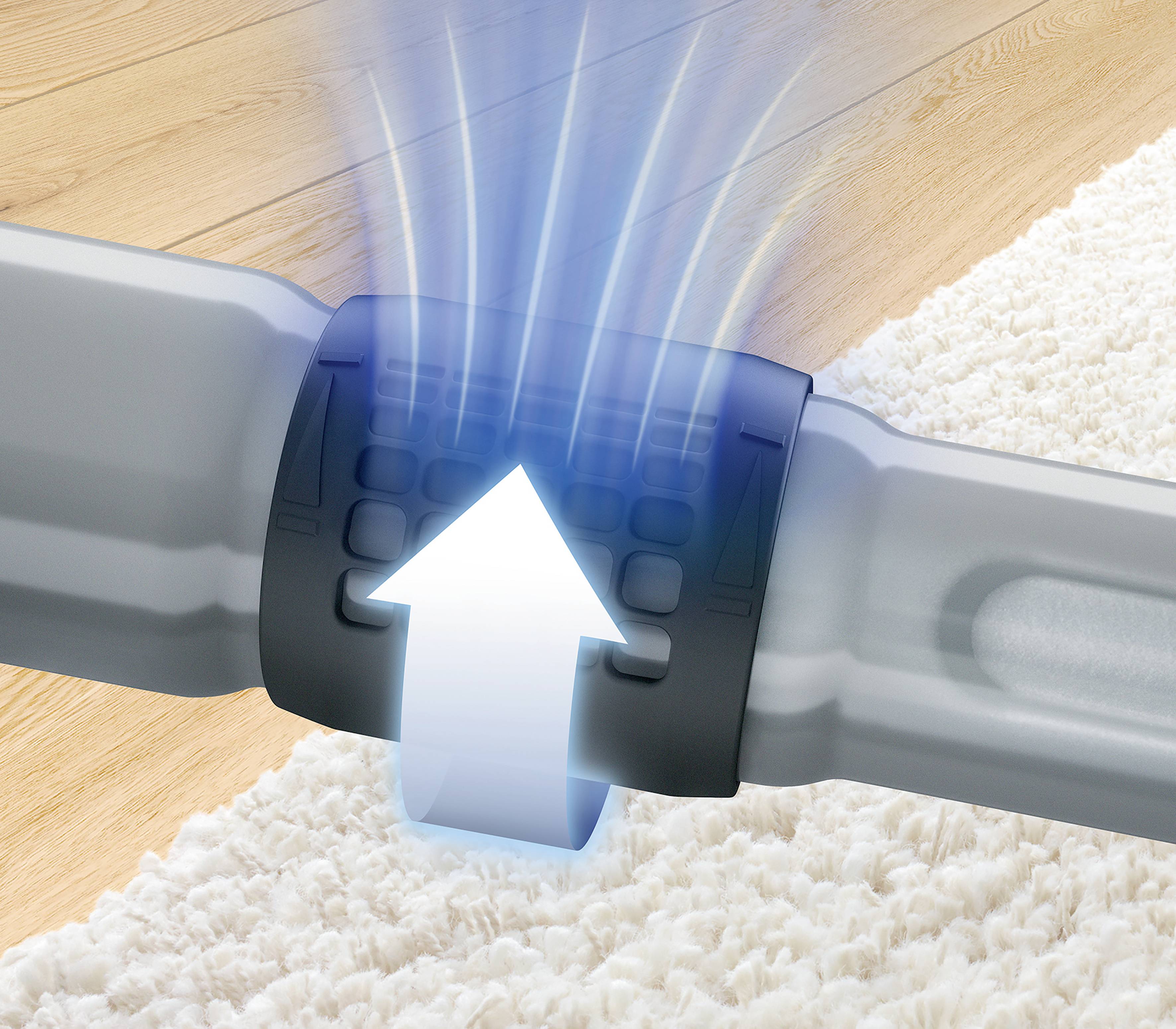 Ein graues Staubsaugerrohr mit einem schwarzen Ring, aus dem Pfeile nach oben herausragen, zeigt den Luftstrom auf einem Teppichboden.