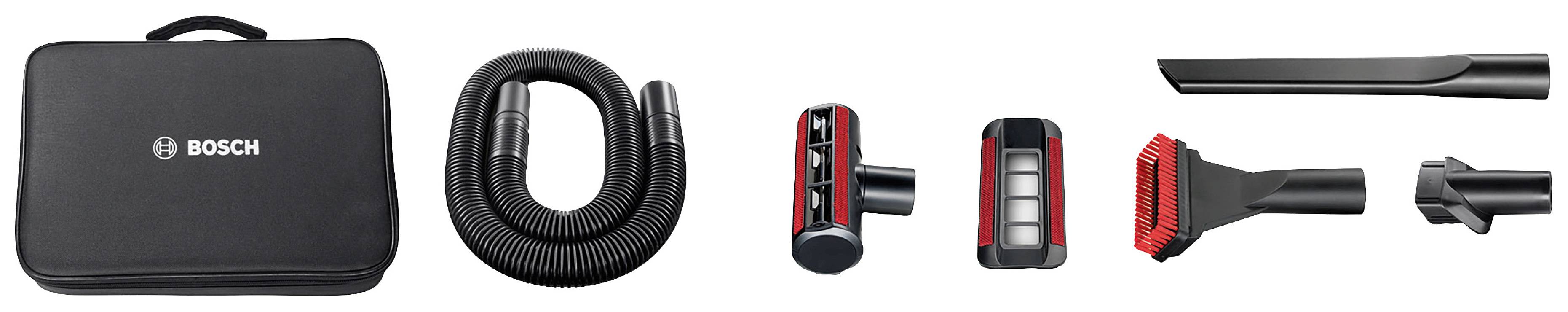 Set von Bosch Staubsaugerzubehör: schwarze Tasche, flexibler Schlauch, Polster- und Fugendüsen, kleine Elektrobürsten.