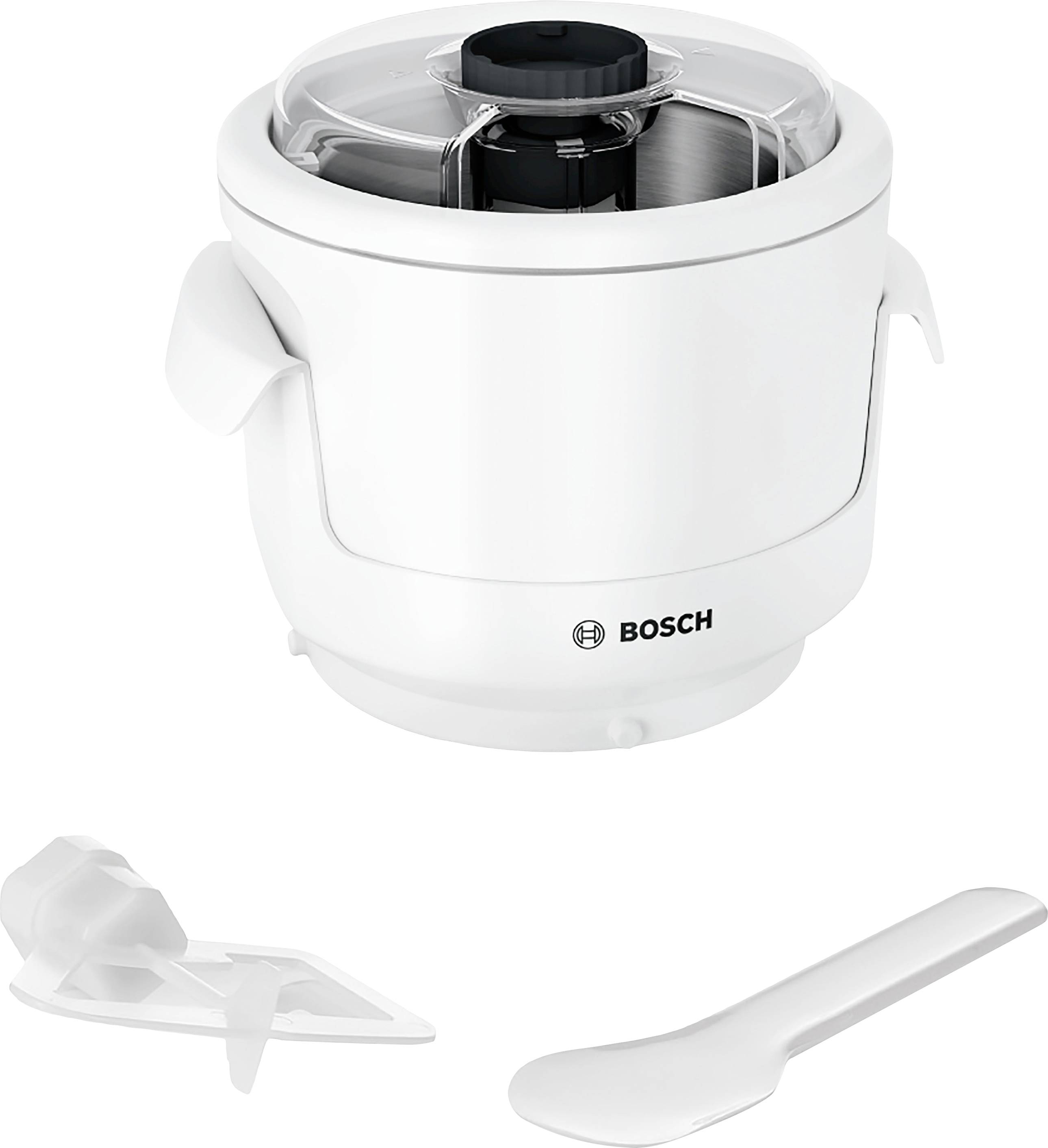 Weiße Eismaschine von Bosch. Darüber Behälter mit schwarzem Deckel. Unten ein weißer Löffel und ein Eisschaber.
