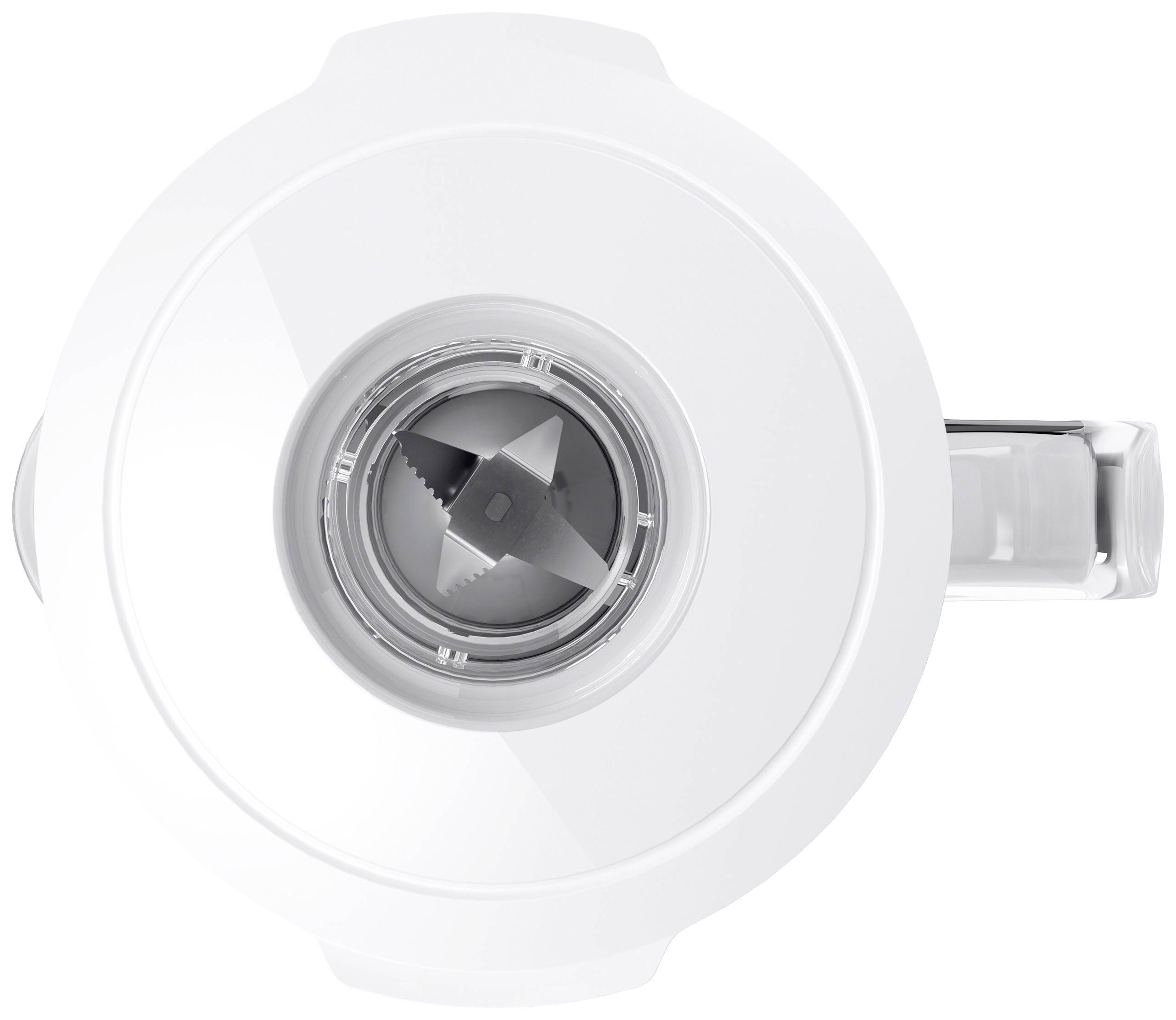 Top-Ansicht eines weißen Mixers mit sichtbaren Drehklingen in der Mitte.