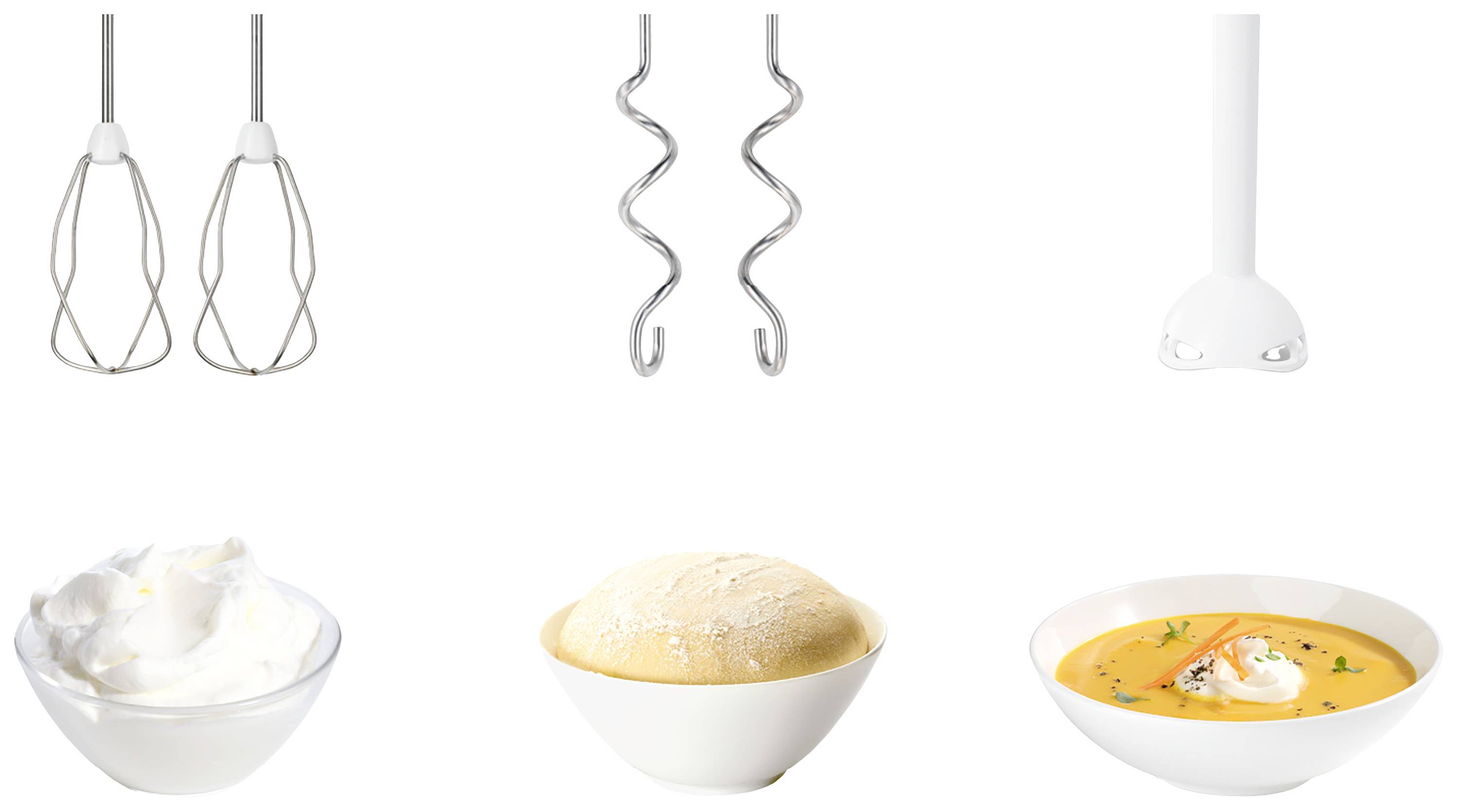 'Sechs Küchengeräte und Speisen: Mixeraufsätze, Knetaufsätze und Pürierstab über Schüsseln mit Schlagsahne, Brotteig, Suppe.'