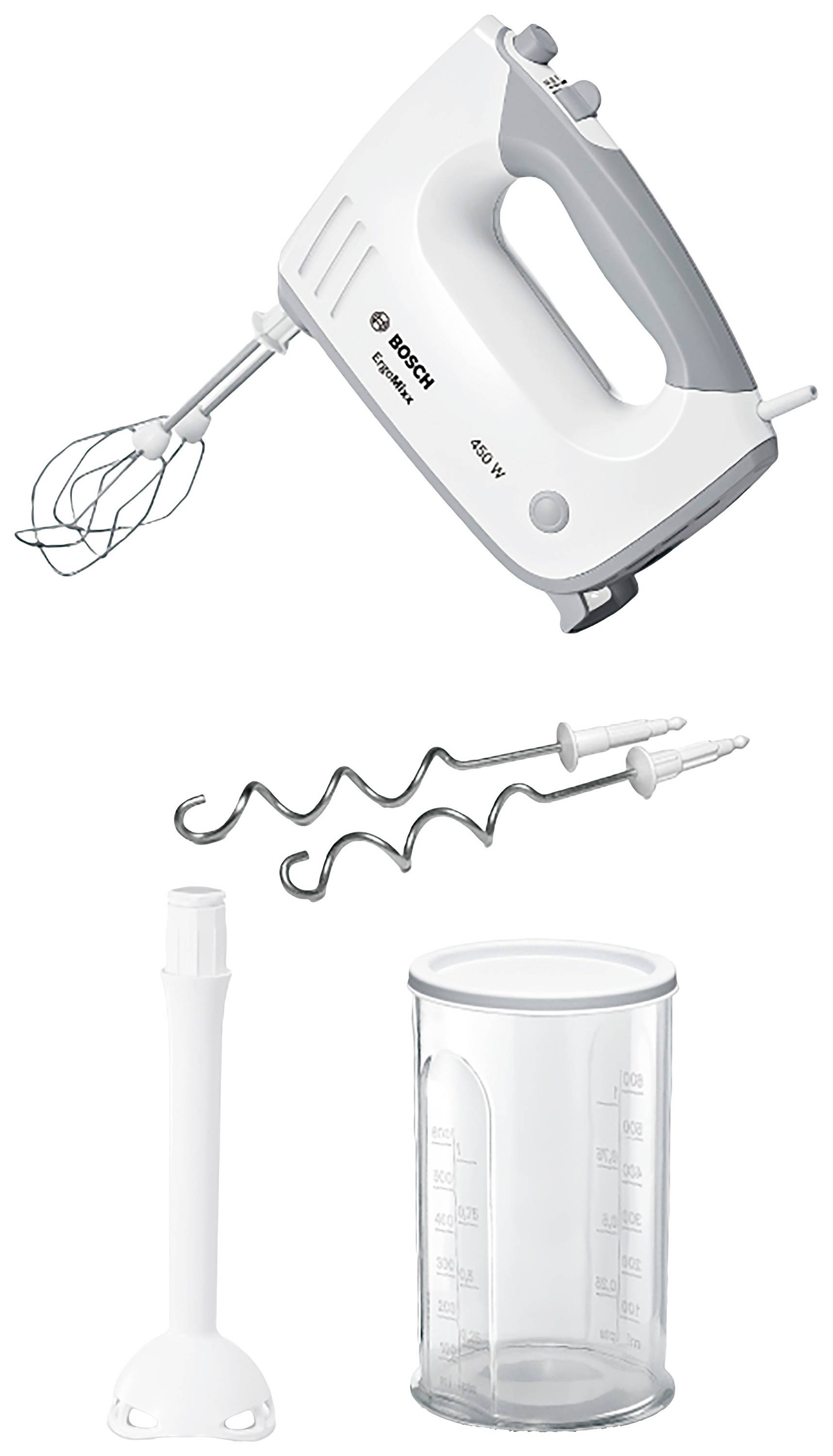 Ein weißer Handmixer mit Aufsätzen: Schneebesen, Knethaken und Mixstab, sowie ein transparenter Messbecher.