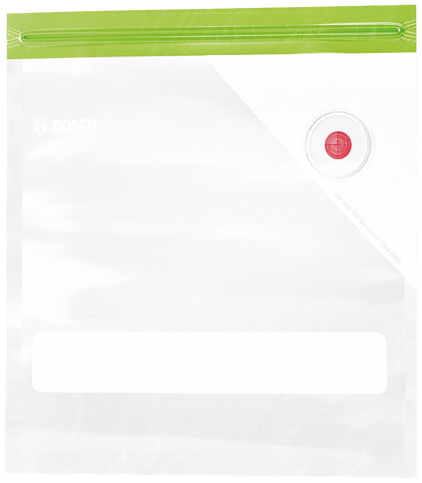 Vakuumbeutel mit grünem Verschluss und rotem Ventil, dient zur luftdichten Aufbewahrung von Lebensmitteln oder Gegenständen.