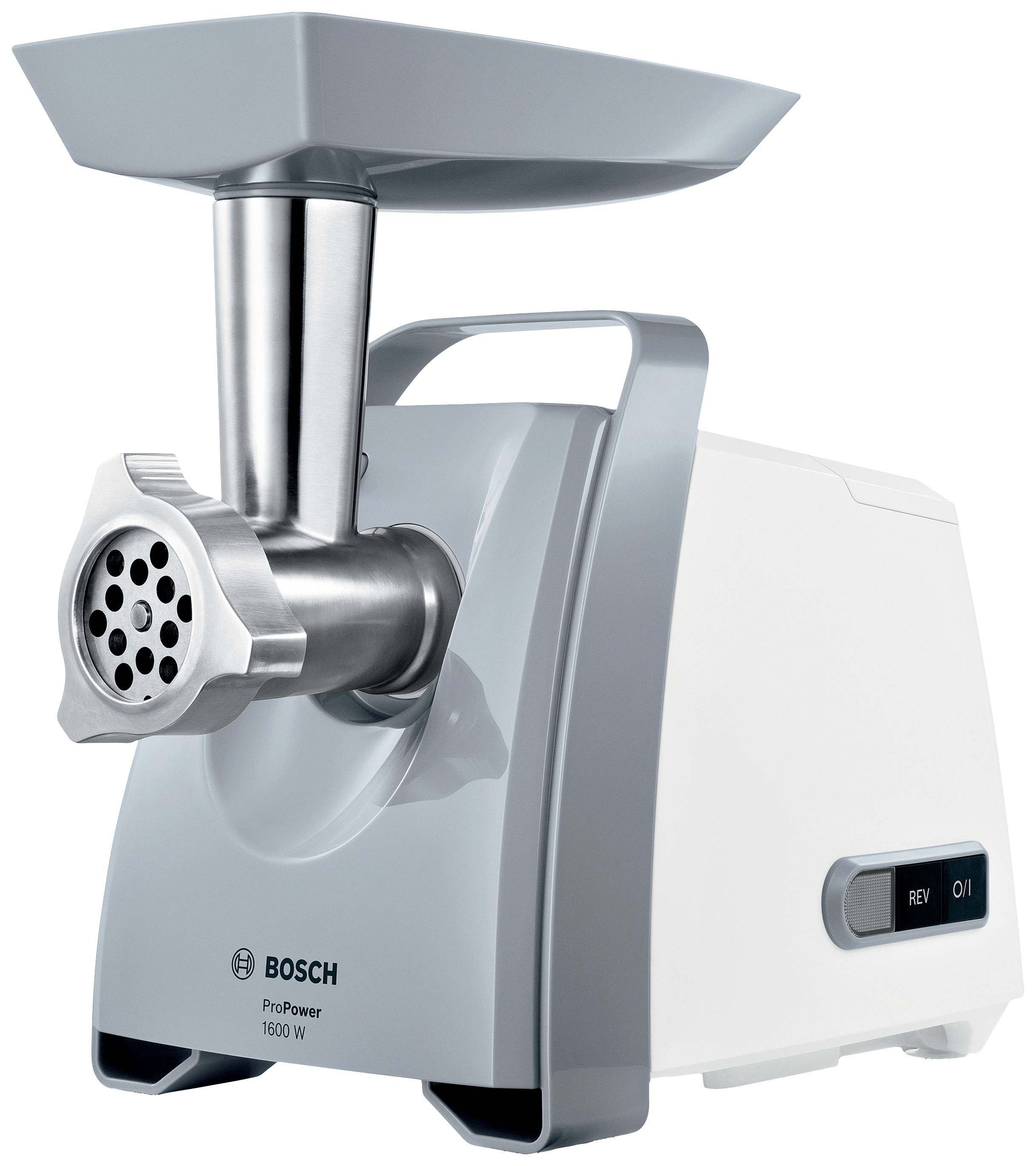 'Bosch ProPower Fleischwolf 1600 W' mit silberner Metallvorrichtung und Kunststoffgehäuse. Stromkabel und Bedienknopf vorne.