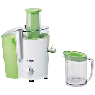 Entsafter mit weiß-grünem Design; links, mit Einfüllschacht oben; rechts, passender Auffangbehälter mit grünem Deckel.