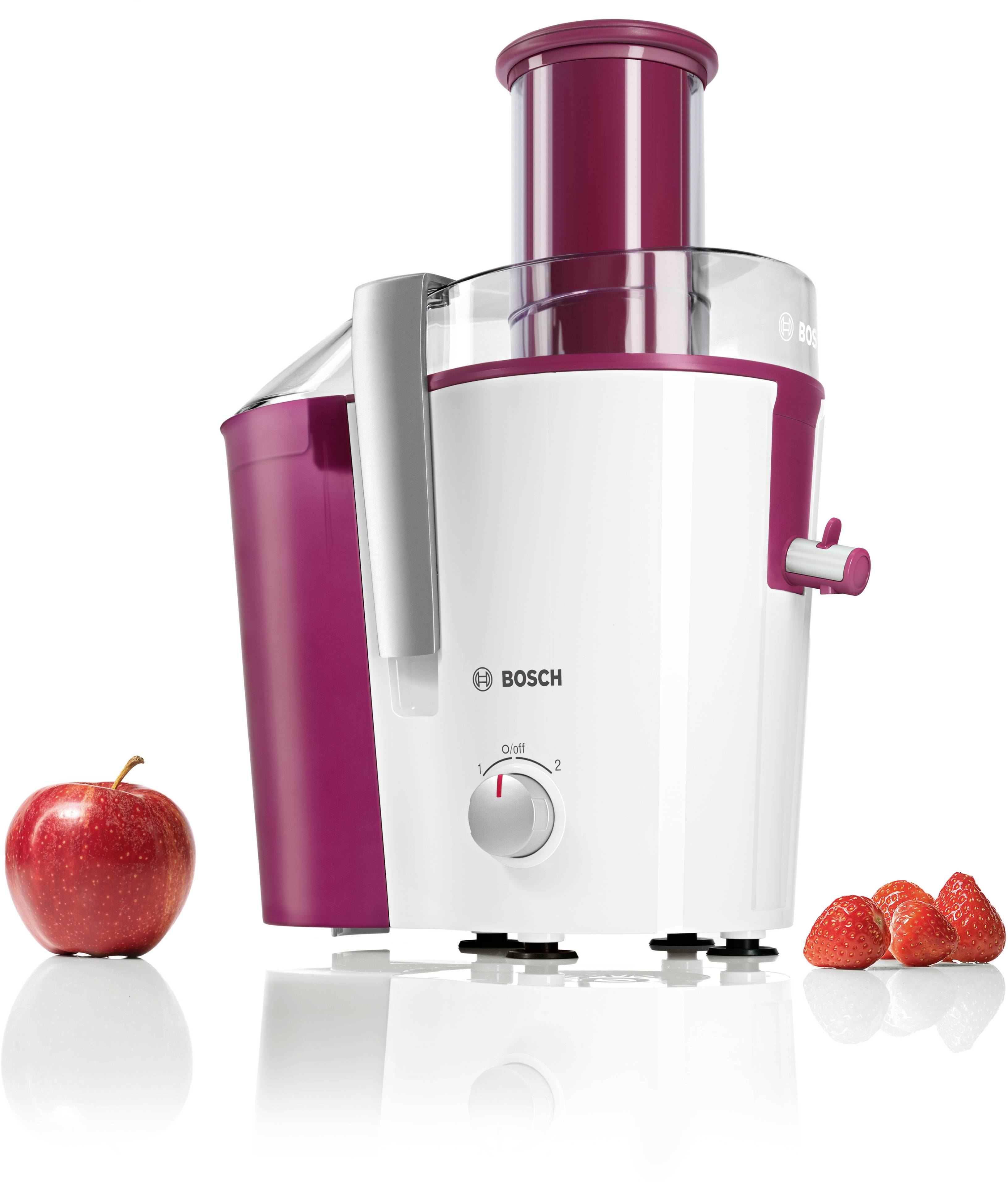 Entsafter mit Markenlogo, weiß-lila, steht auf Tisch. Links ein roter Apfel, rechts mehrere Erdbeeren. Gerät schaltet Stufe 1 oder 2.