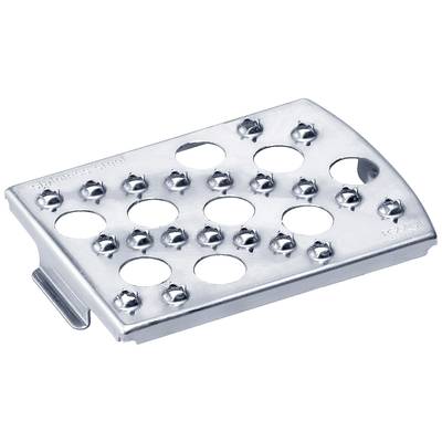 Metallene Reibeplatte mit runden Löchern und gezackten Kanten, verwendet zum feinen Raspeln von Lebensmitteln.