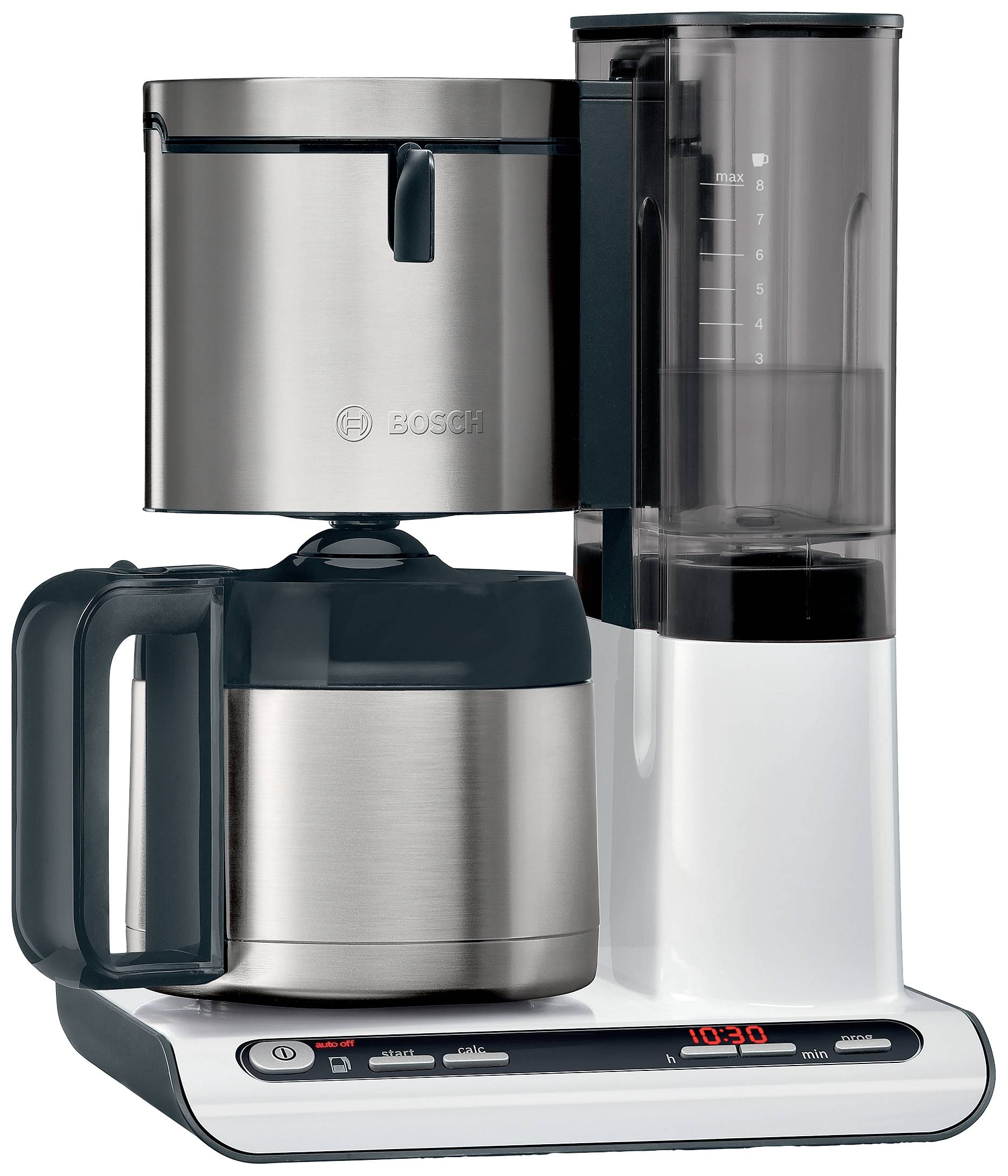 Kaffeemaschine mit Glaskanne, Wassertank und digitalem Display, zeigt 10:30 Uhr an.