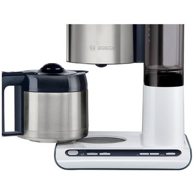 Filterkaffeemaschine mit Edelstahlkanne, weißen Gehäuse und Bedienelementen an der Basis.