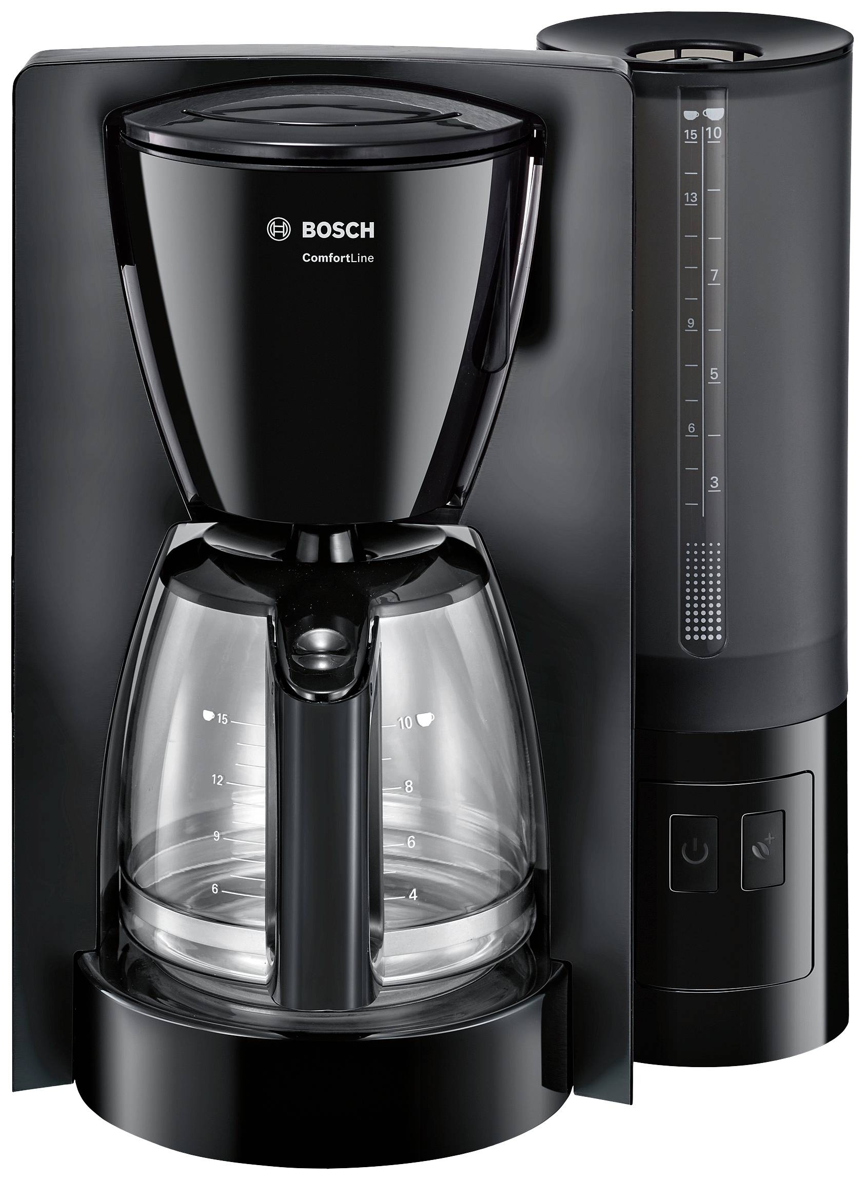 Schwarze Filterkaffeemaschine mit Glaskanne und Wassertankanzeige an der Seite, geeignet für die Zubereitung von frischem Kaffee.