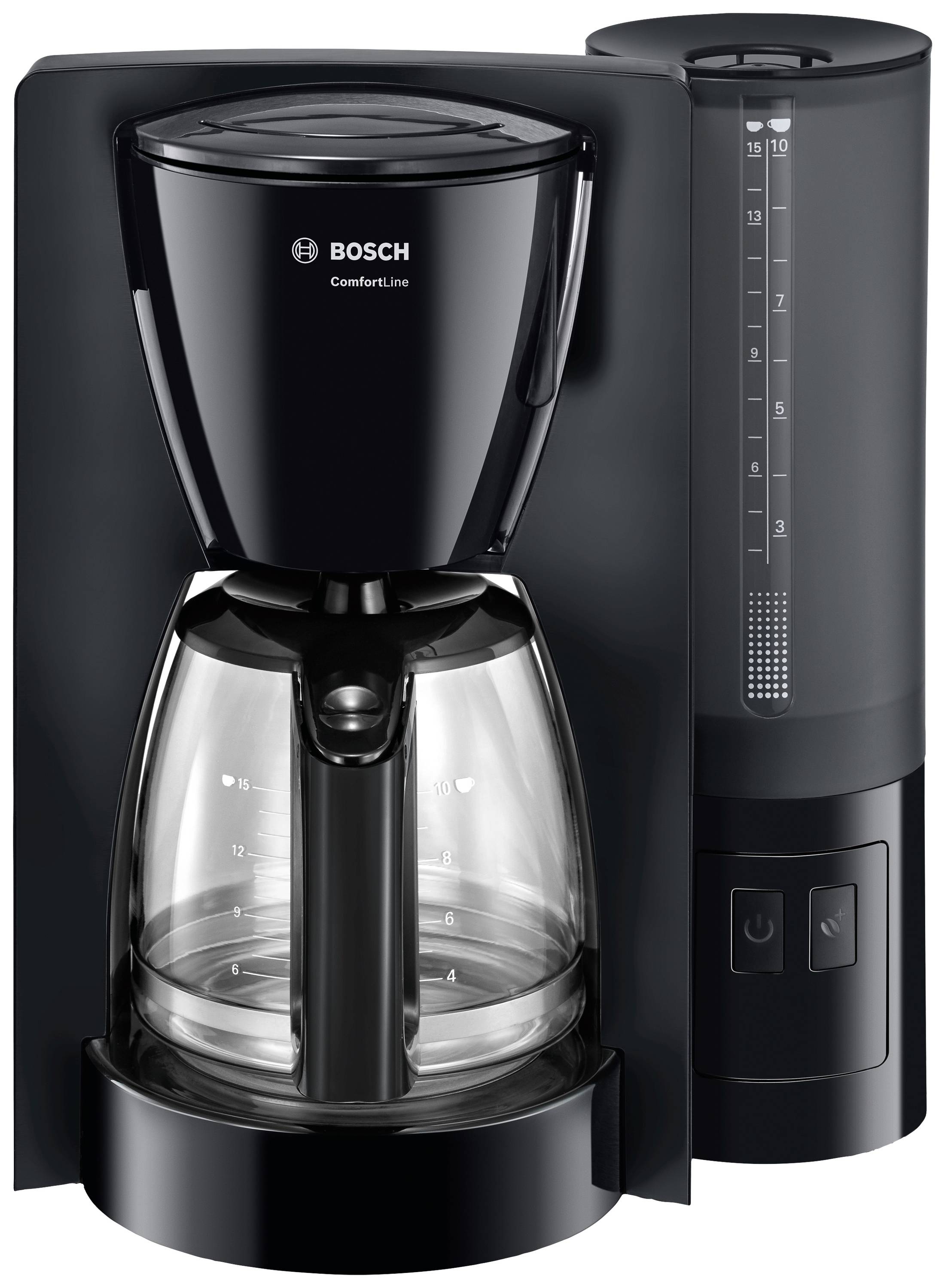 Eine schwarze Bosch-Kaffeemaschine mit Glaskanne und Wasseranzeige, bereit zum Brühen.