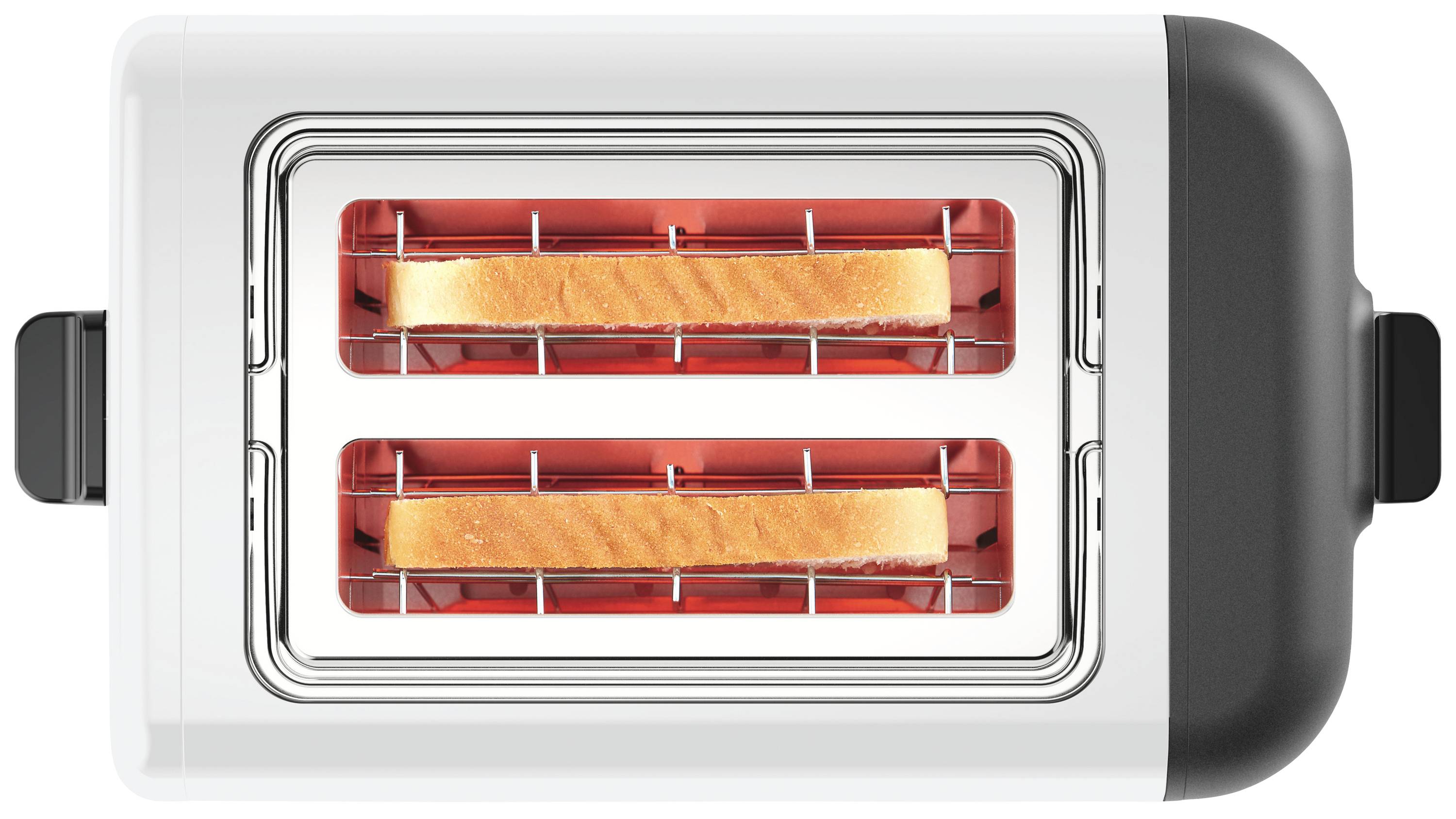 Zwei Scheiben Brot werden in einem Toaster mit rot glühenden Heizstäben gleichmäßig getoastet.