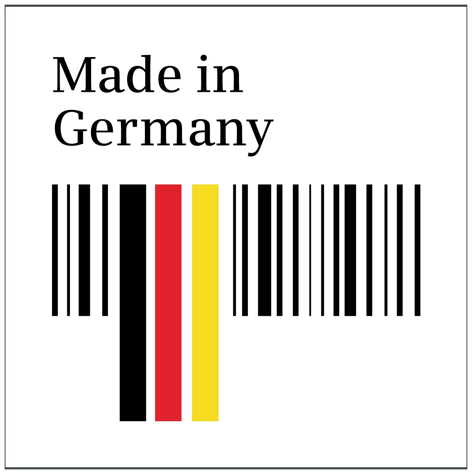'Made in Germany' über einem Strichcode in Schwarz, Rot und Gold, symbolisiert deutsche Herstellung und Qualität.