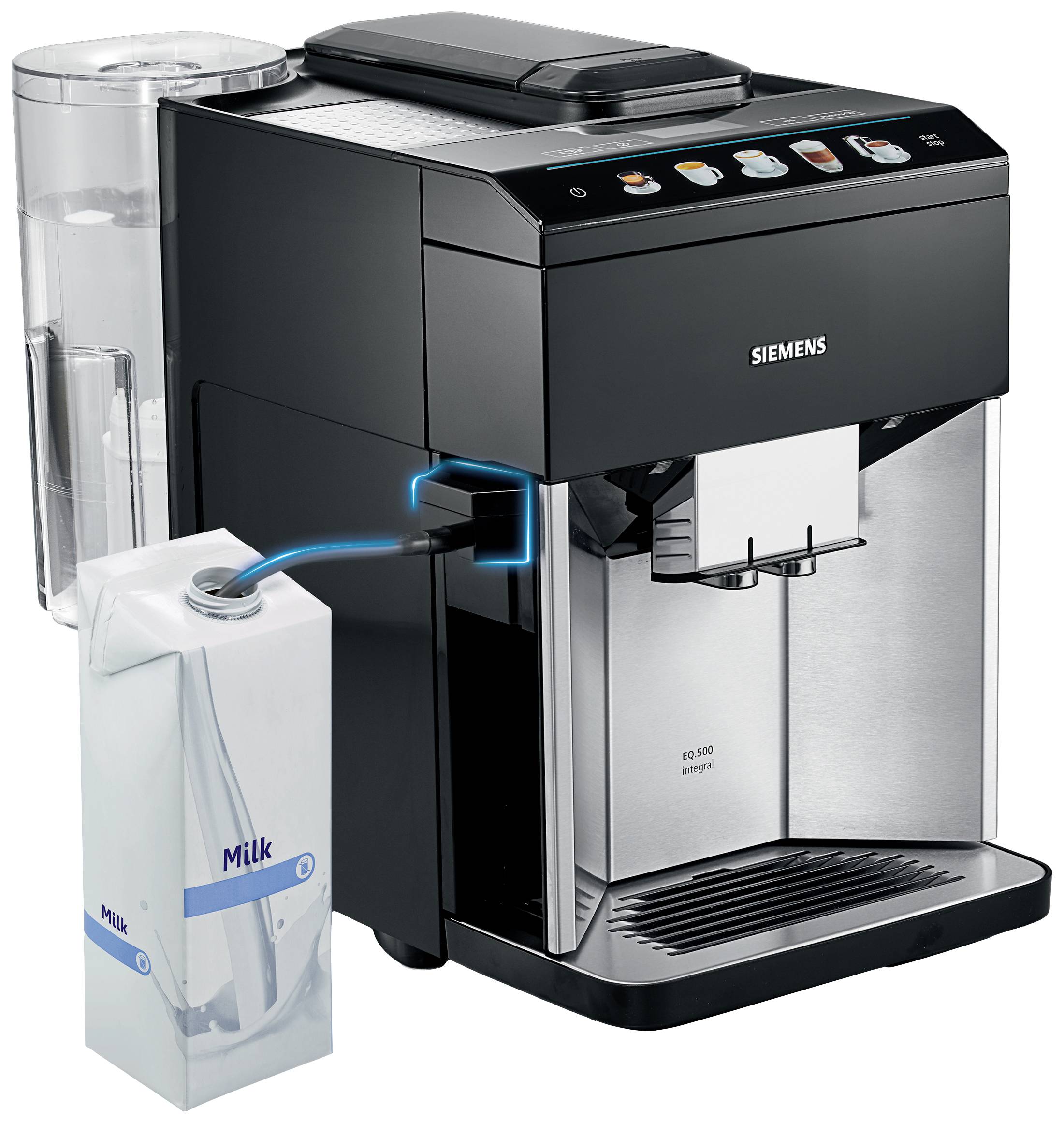 Schwarze Kaffeemaschine mit Milchanschluss zeigt, wie Milchpackung direkt verbunden wird. Automatische Cappuccino- und Latte-Zubereitung.