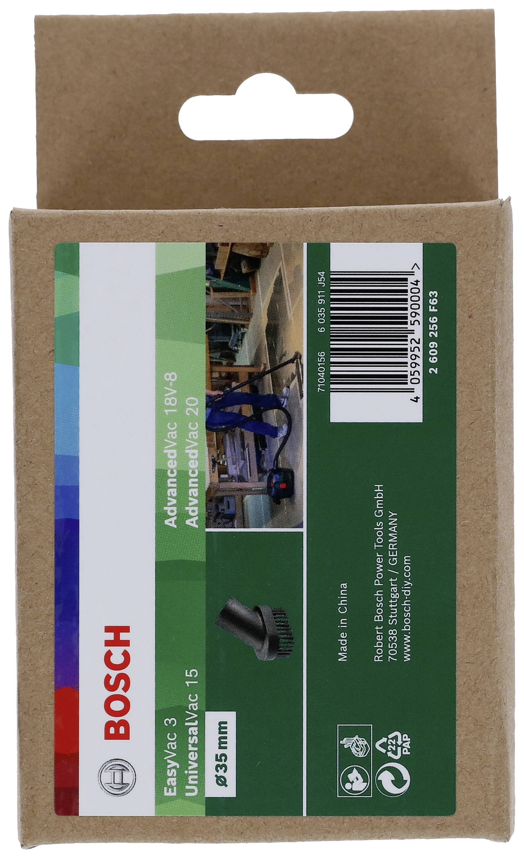 Kartonverpackung eines Bosch-Ersatzteils mit Produktinformationen und Firmenlogo. Hergestellt in China, passend für Easyvac 3.