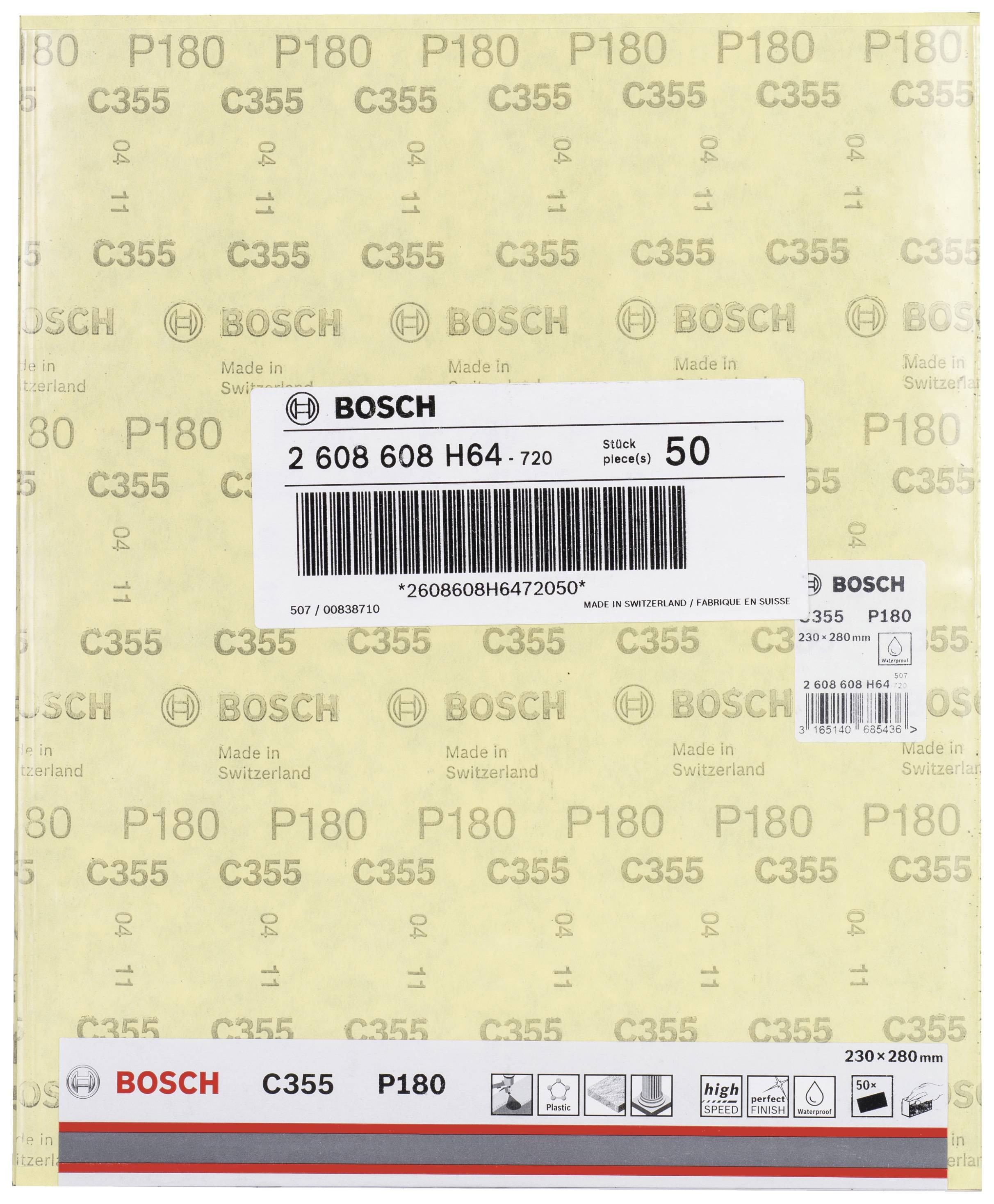 Verpackung von Bosch Schleifpapier, Modell C355 P180, 50 Stück pro Packung, Größe 230 x 280 mm, hergestellt in der Schweiz.