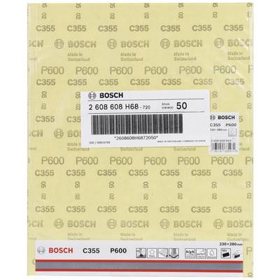 Sandpapier von Bosch, Modell C355, Körnung P600, Größe 230x280 mm, hergestellt in der Schweiz. Verpackung mit 50 Blatt.