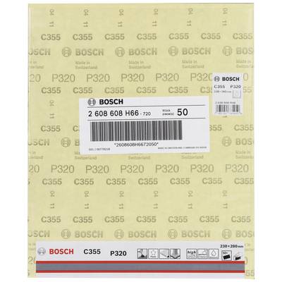 Schleifpapier Bogen von Bosch, Typ C355, Körnung P320, 50 Stück, Maße 230x280 mm, hergestellt in der Schweiz.