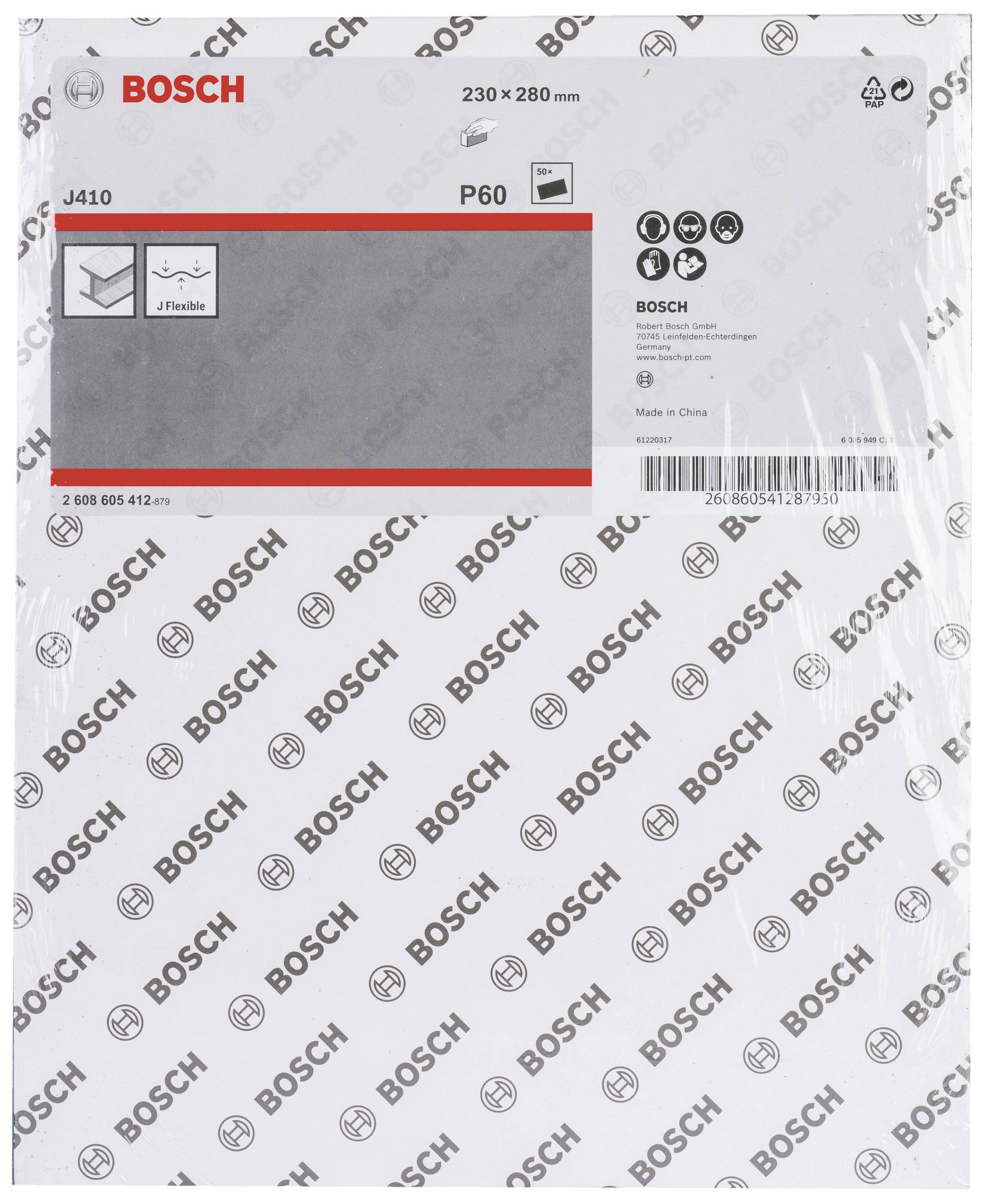 Schachtel mit Schleifpapier von Bosch, Größe 230x280 mm, Typ J410, Körnung P60. Verpackung gestaltet mit Bosch-Logos.