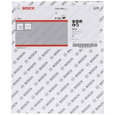 'Sandpapier von Bosch, Größe 230 x 280 mm, Körnung P120, für flexiblen Einsatz. Verpackung zeigt Markenlogo und Produktinformation.'