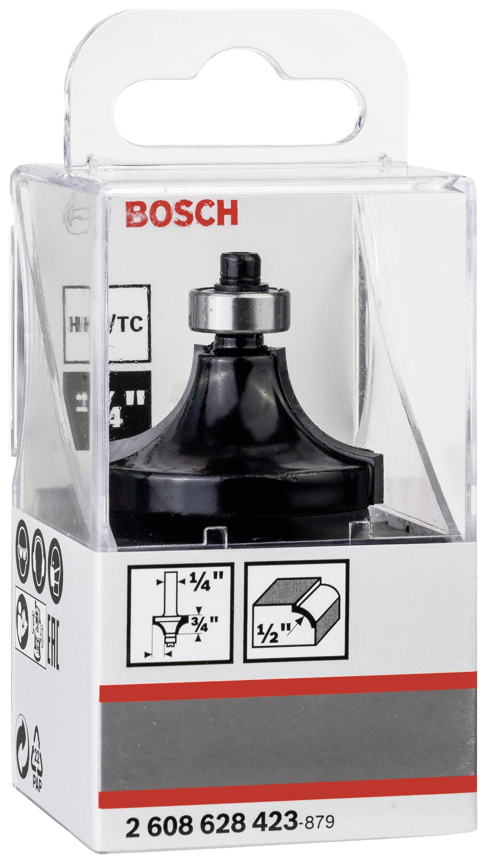 Eine Fräserverpackung von Bosch. Der Fräser ist geeignet für spezifische Nutgrößen. Verpackungsdesign zeigt Symbolik und Maße.