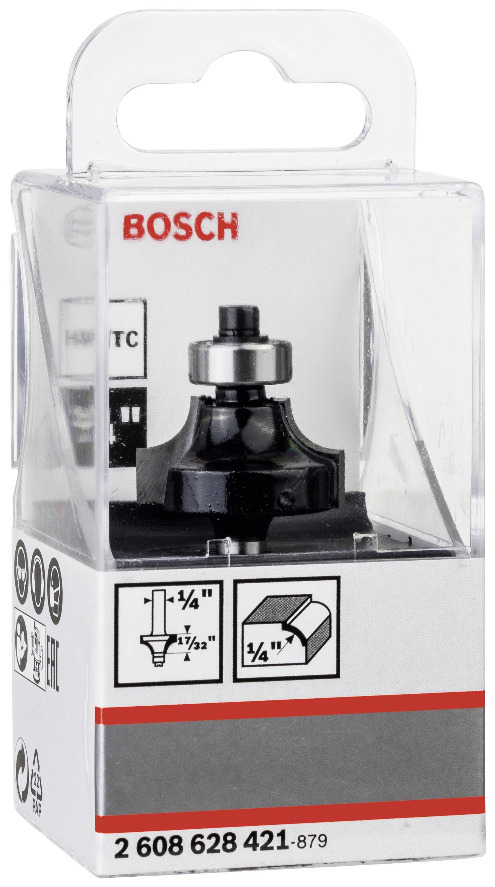 Verpackung eines Bosch Fräsers mit Beschriftungen zu technischen Spezifikationen und Abbildungen des Werkzeugs.