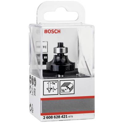 Verpackung eines Bosch Fräsers mit Beschriftungen zu technischen Spezifikationen und Abbildungen des Werkzeugs.