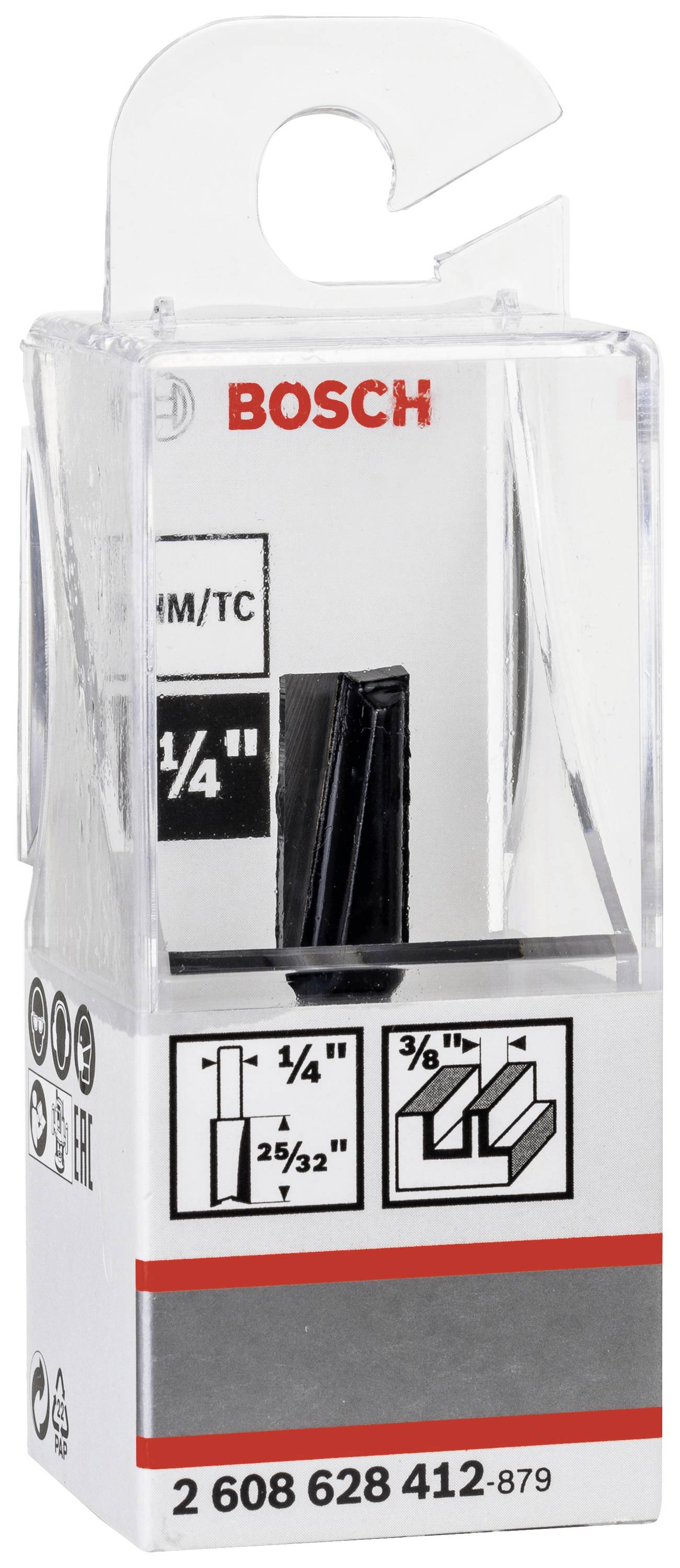 Fräser von Bosch in einer transparenten Verpackung, geeignet für Holzarbeiten gemäß den abgebildeten Schnittmustern und Größenangaben.