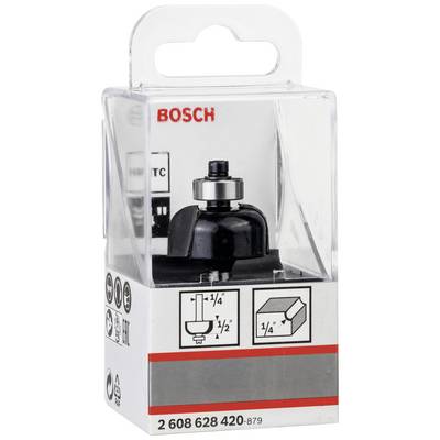 Eine Bosch-Kantenfräse in einer transparenten Verpackung, die Details des Fräskopfs und Anwendungsbeispiele zeigt.