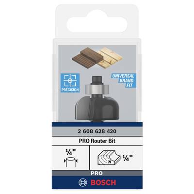 'Bosch PRO Fräser' Verpackung mit Bild eines runden Fräsers, Icon für Präzision und Universalität, und Holzbeispielen für Anwendung.