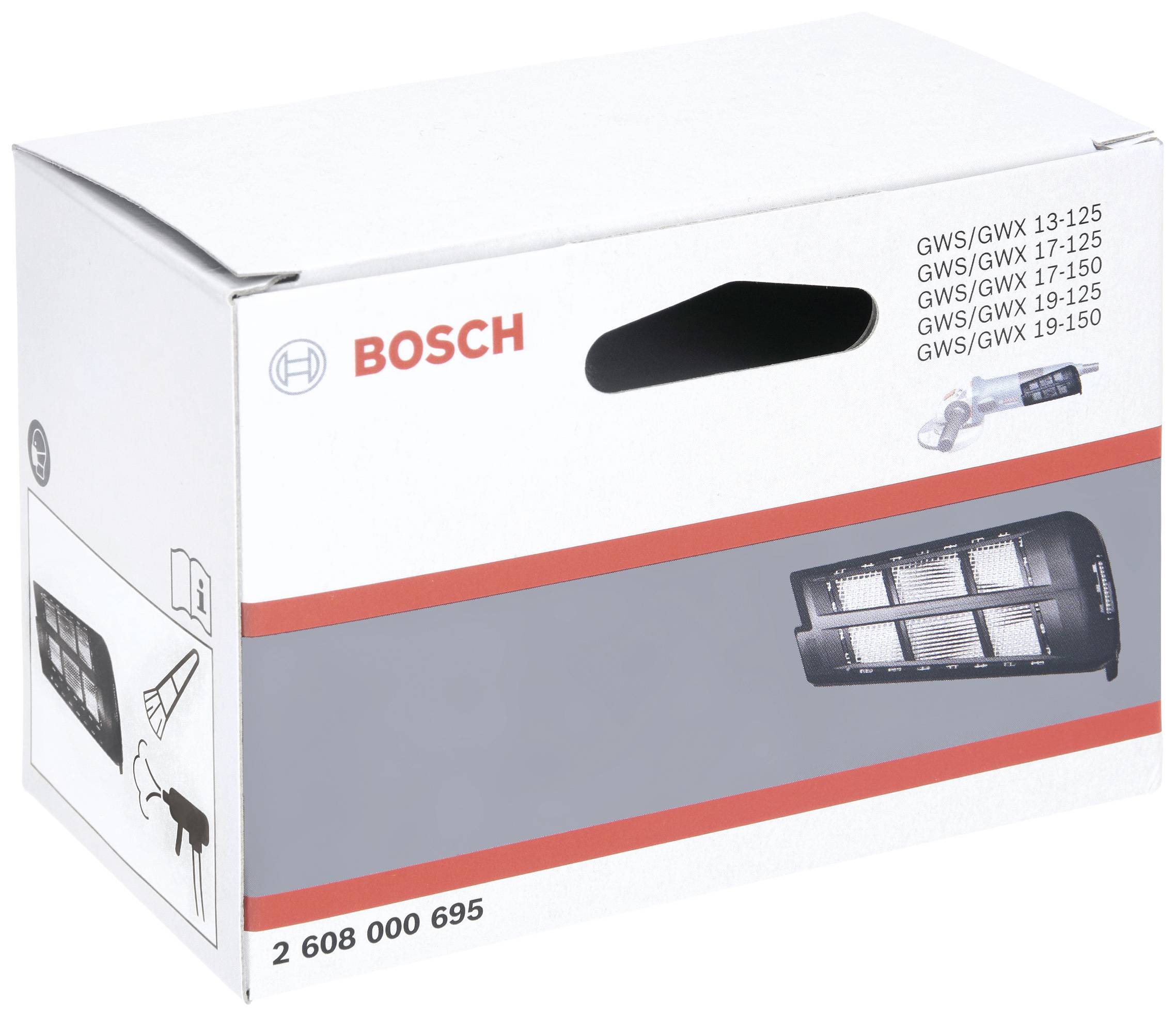 Eine weiße Bosch-Verpackung für Schleifmaschinenaufsätze, zeigt ein Bild des Produktes und die Modelle GWS/GWX, passend für 13-125, 17-125, 17-150, 19-150.