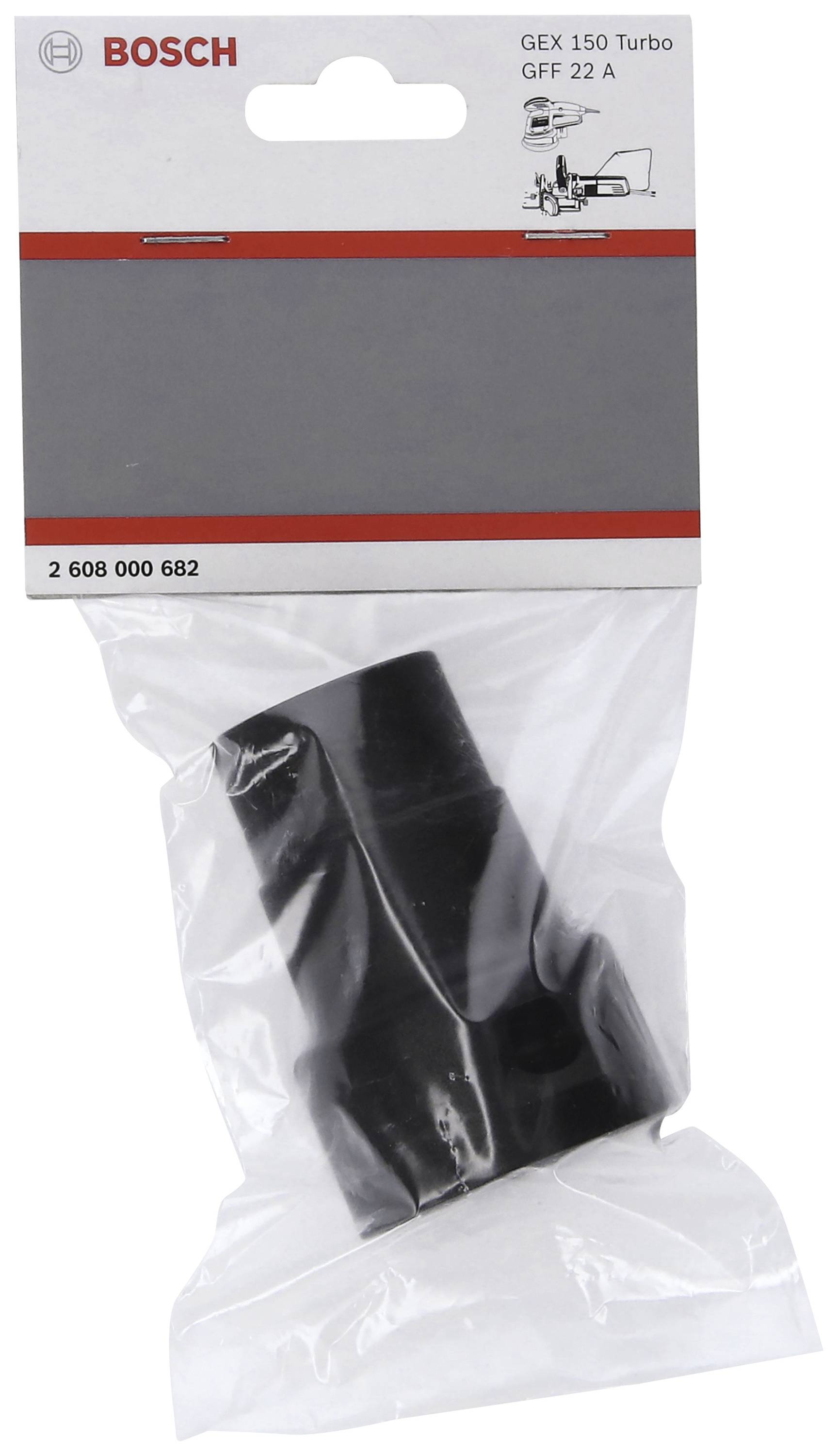 Ein Bosch-Verpackungsbeutel mit einem schwarzen Werkzeugadapter darin. Oben sind das Bosch-Logo und die Produktnummer '2 608 000 682' sichtbar.