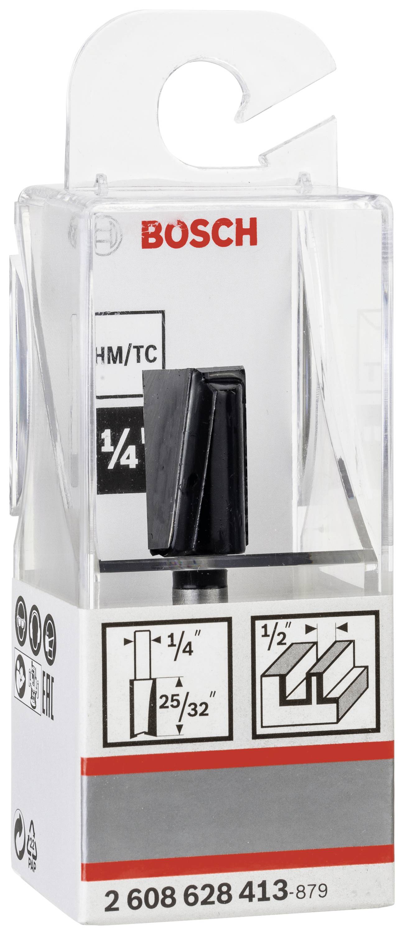 Eine transparente Verpackung mit einem Bosch-Fräser. Darauf sind Illustrationen des Fräsers und Maße für Anwendungen.