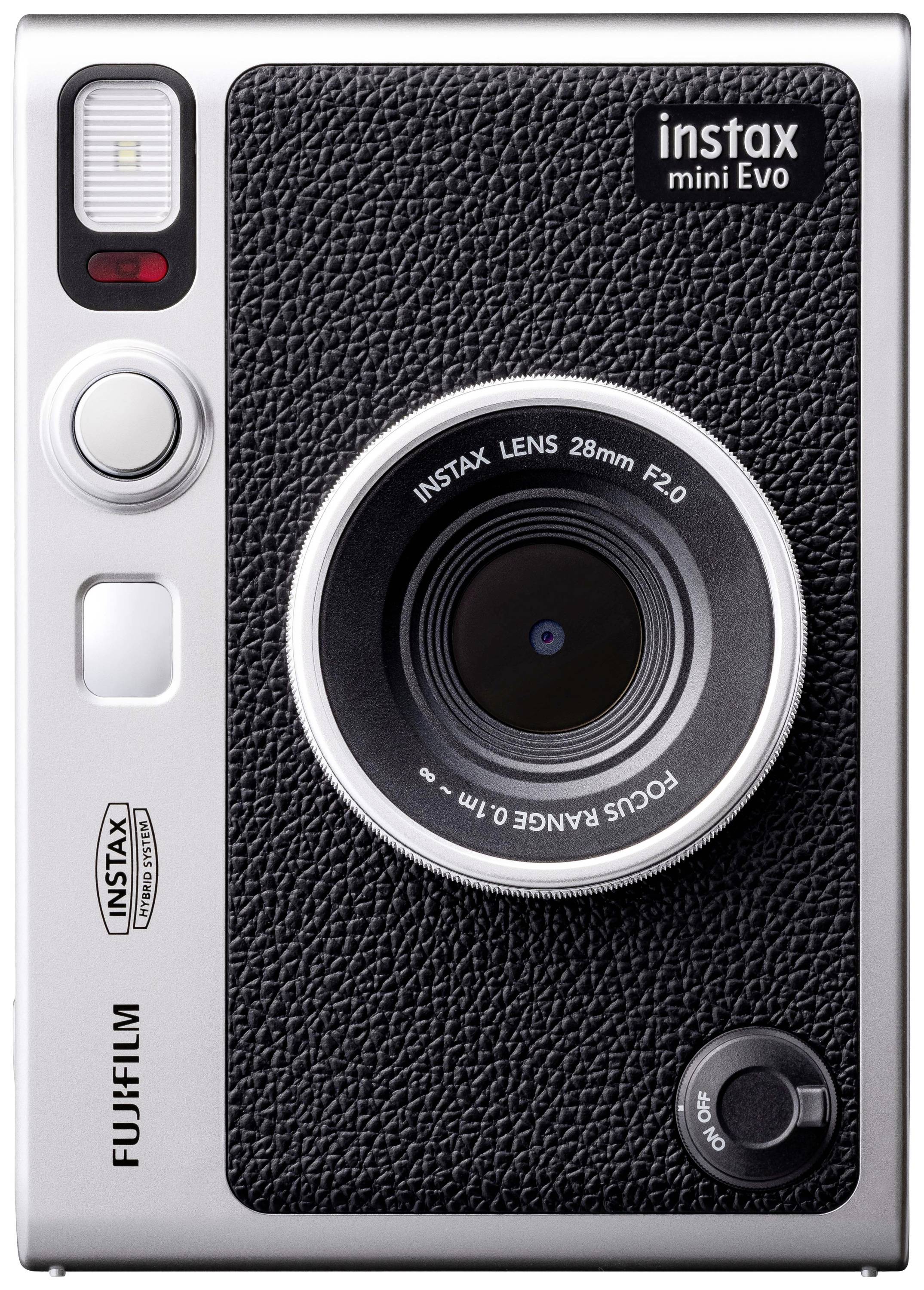 Eine Fujifilm Instax Mini Evo Kamera mit silbernem Gehäuse und schwarzer Textur, zeigt das Objektiv und die Bedienelemente auf der Vorderseite.