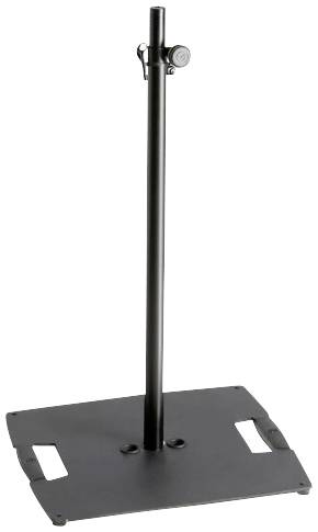 Schwarzes Mikrofonstativ mit quadratischer Bodenplatte und höhenverstellbarer Stange. Ideal für Bühnennutzung oder Studio.