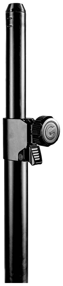 'Ein schwarzes Mikrofongestell mit einstellbarer Höhe und Feststellknopf.'