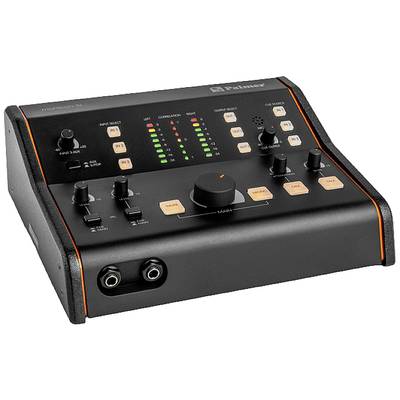 Ein Audiomischpult mit mehreren Drehknöpfen, LED-Anzeigen und Anschlussbuchsen, geeignet für Tonsteuerung und -bearbeitung.
